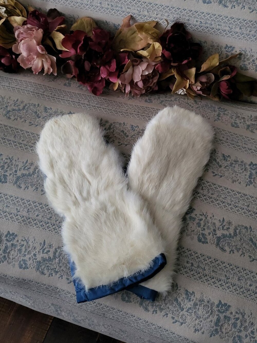 Vintage 80s Real Mink Fur Mittens Blue Nylon Mitts Handmade  OS